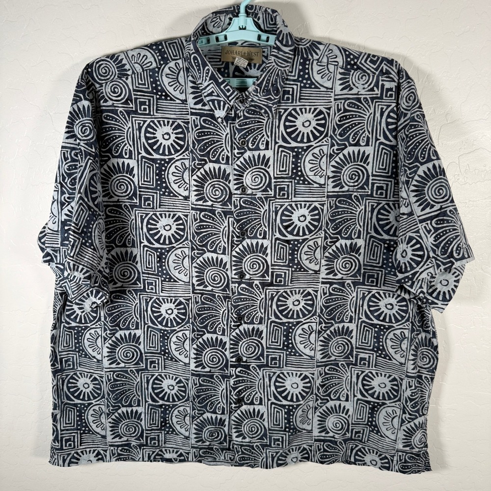 Johari West Button Up Shirt Mens 4XL Blue Batik Tribal Print Cotton Hawaiian